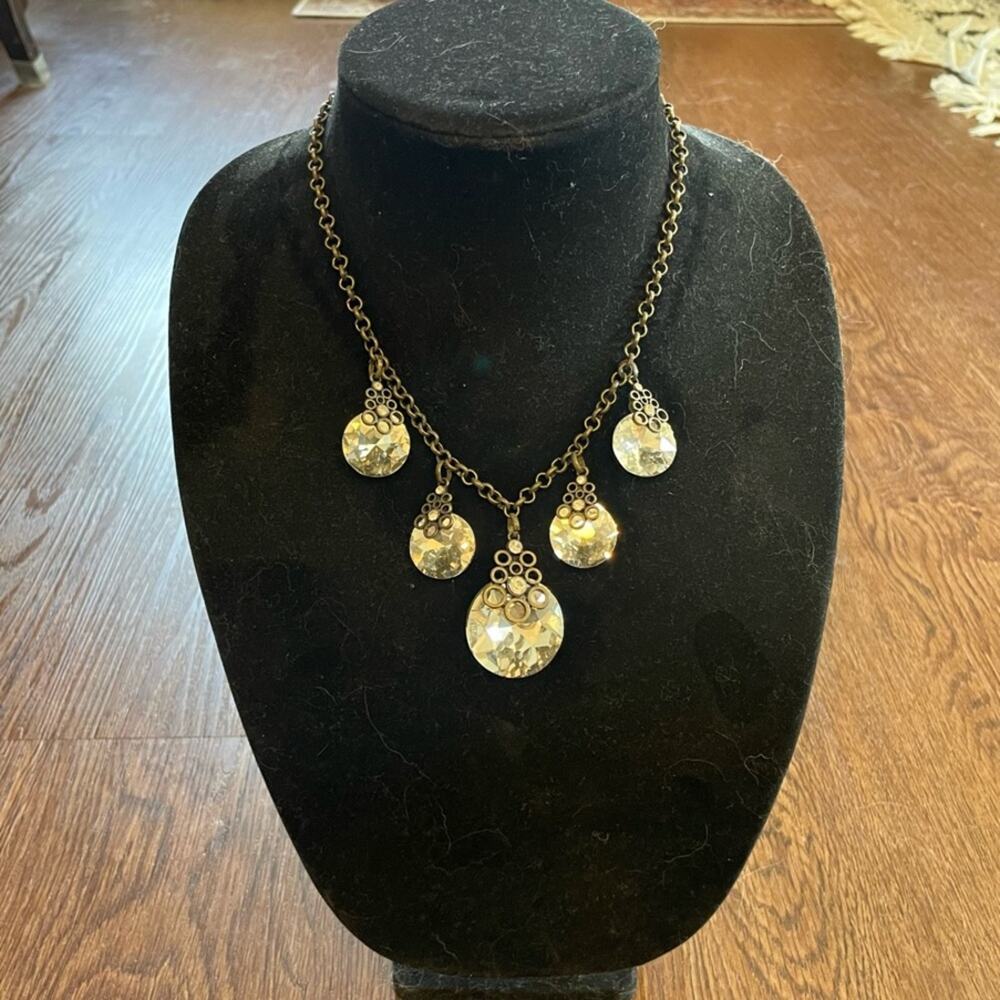 JOYFOLIE Elegant Brass Statement Necklace with Crystal Pendants